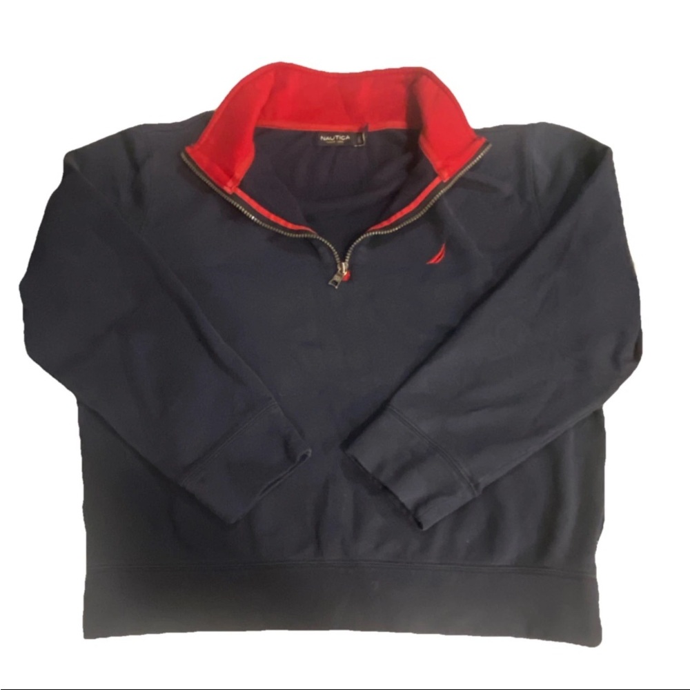 Nautica Men's Navy Red 1/4 Zip Pullover Sweater Medium Mock Neck Long Sleeve